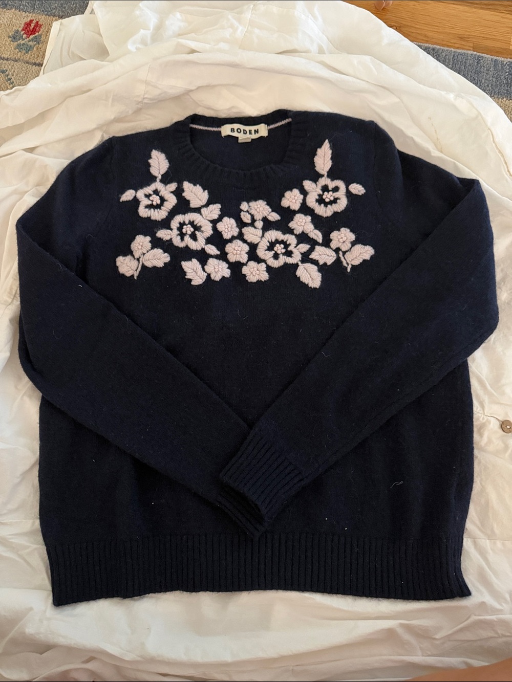 Boden Navy Sweater with Pink Floral Embroidery Size Small